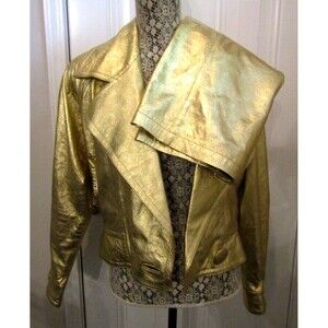 Vtg Lillie Rubin Exclusive Metallic Gold Leather Moto Jacket Skirt Set Sz 10-14